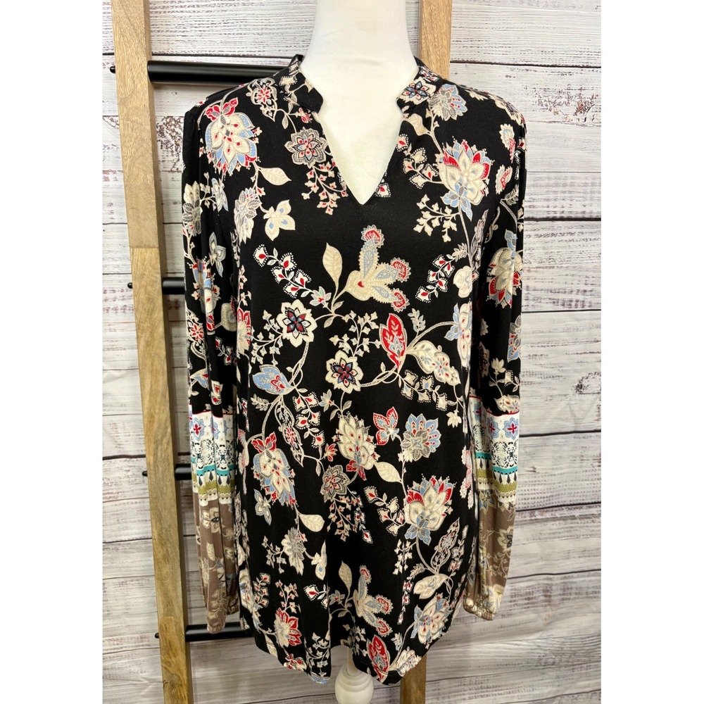 Belle Boho Kim Gravel Black Floral Paisley Split Neck Long Sleeve Top XS - Picture 8 of 10